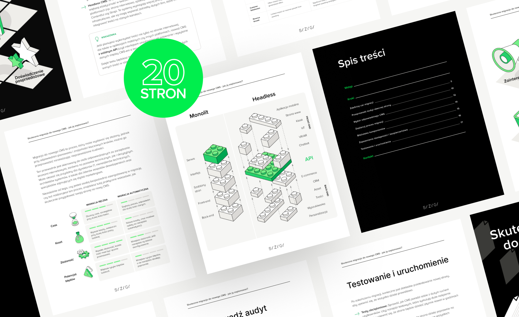 Zestaw stron z e-booka ‘Skuteczna migracja do nowego CMS,’ z główną ilustracją LEGO przedstawiającą porównanie systemów monolit i headless. Widoczne są także spis treści oraz fragment strony o testowaniu i uruchamianiu nowej strony po migracji.