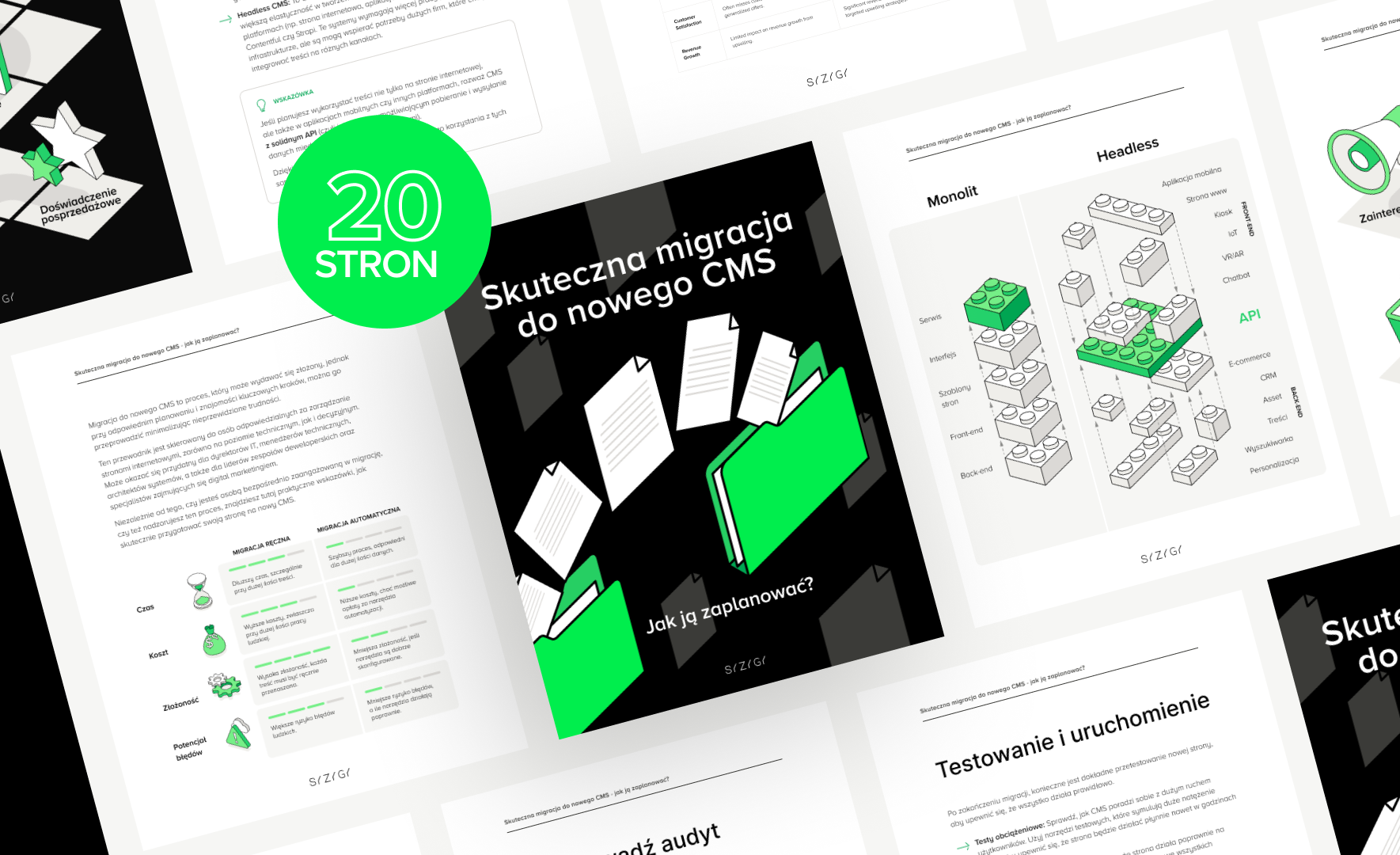 Grafika promująca e-book ‘Skuteczna migracja do nowego CMS – Jak ją zaplanować?’ na środku. Po bokach rozłożone są strony z e-booka, przedstawiające różne etapy migracji, w tym wybór odpowiedniego CMS, schemat monolitu i headless oraz kroki procesu migracji. Strony zawierają ilustracje i wykresy w kolorach zielonym, białym i czarnym.