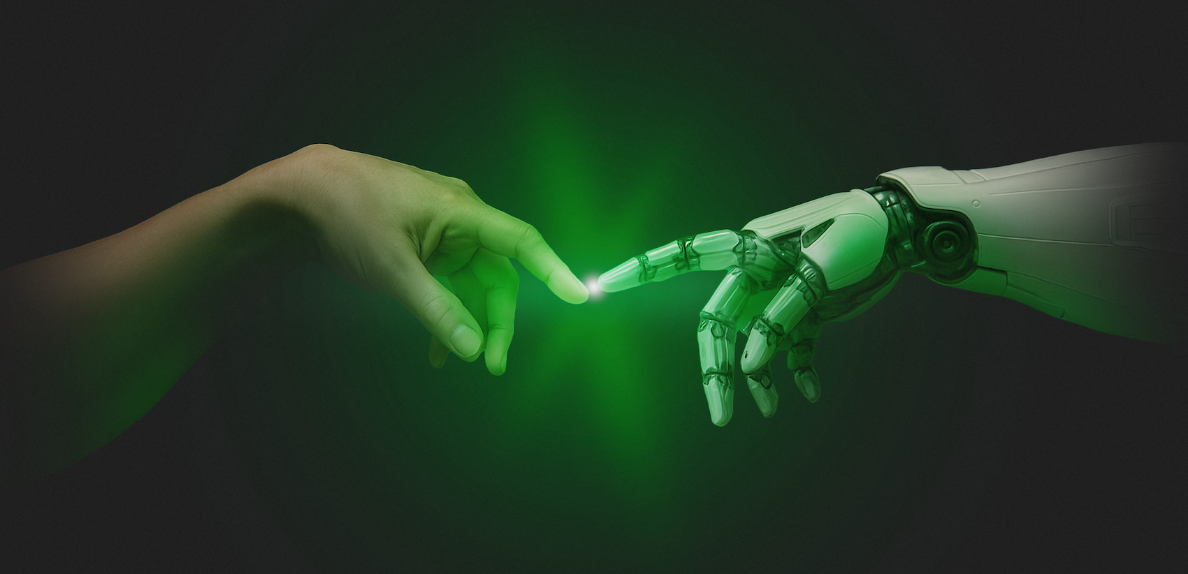 Dłoń człowieka i dłoń robota zbliżają się do siebie w zielonym świetle