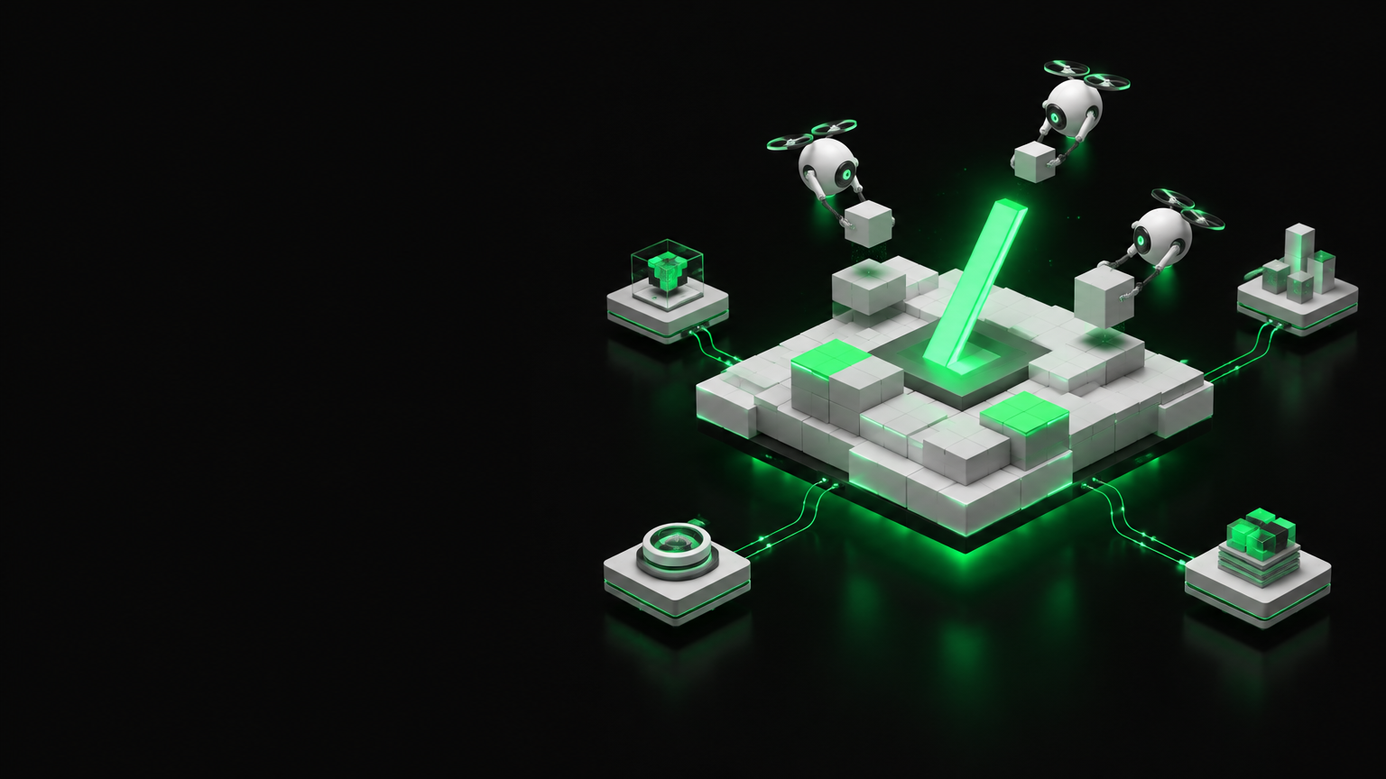 Izometryczna platforma z białych modułów, na którą agenci AI dokładają kolejne bloki – wizualizacja podejścia AI-native SYZYGY: Design, Build, Run