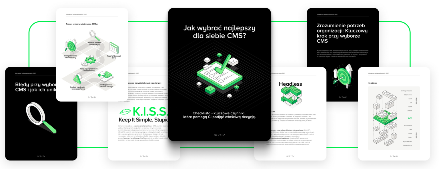 Przykładowe strony z e-booka „Jak wybrać najlepszy dla siebie CMS?” – przewodnik z kluczowymi czynnikami wyboru CMS, checklistami, analizą potrzeb organizacji i przeglądem systemów takich jak monolit, headless oraz hybryda CMS.