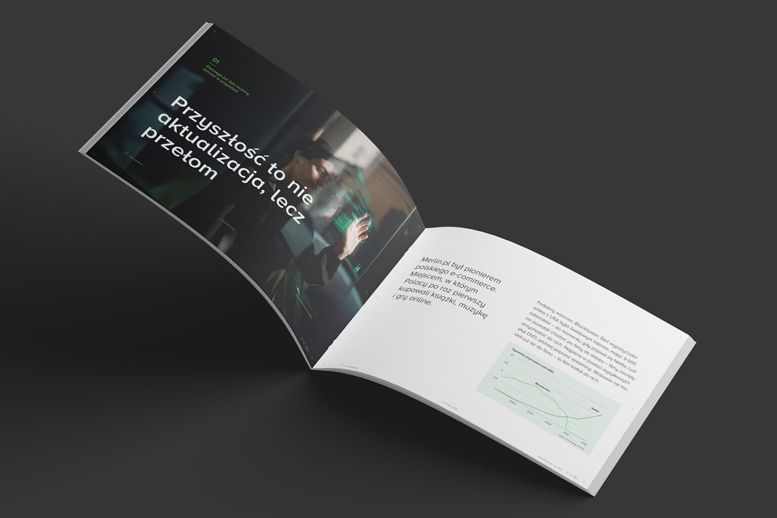 Rozkładówka raportu „Marketing 2030” pokazująca rozdział o przełomie w marketingu i e-commerce oraz analizę trendów z wykresem.