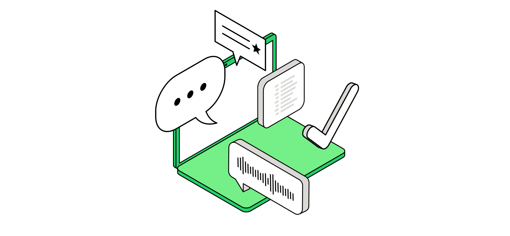 Ilustracja metaforycznie prezentująca pierwsze spotkanie rekrutacyjne online - Ilustracja przedstawiająca etapy komunikacji podczas rekrutacji, z ikonami symbolizującymi wiadomości, teksty i odpowiedzi, które mogą wskazywać na początkowy kontakt i wymianę informacji między kandydatem a rekruterem.